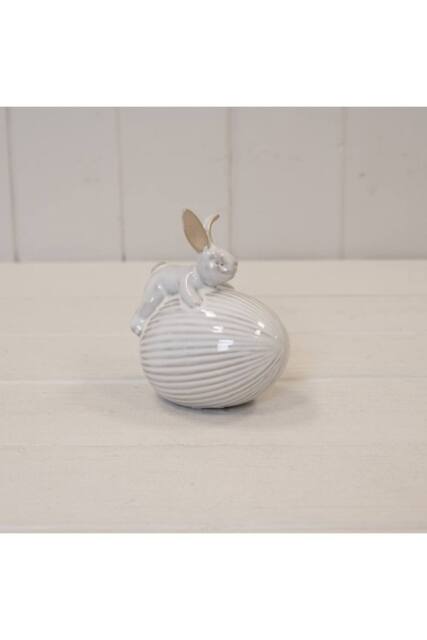 KDMD Ceramic White Rabbit on Egg Easter Decoration - 12mm - image 1