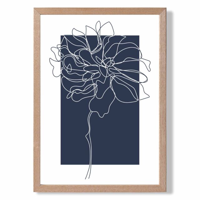 ARTZE Navy Blue & White Abstract Floral Line Art Framed Print SIZE: A3 with Oak Frame - Size: A4 - image 1