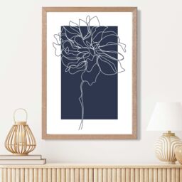 ARTZE Navy Blue & White Abstract Floral Line Art Framed Print SIZE: A3 with Oak Frame - Size: A4 - thumbnail 2