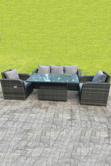 Fimous Rattan Outdoor Lifting Adjustable Dining Coffee Table Sets Lounge Sofa Recling Chairs in Dark Grey - image 1