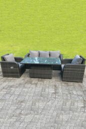 Fimous Rattan Outdoor Lifting Adjustable Dining Coffee Table Sets Lounge Sofa Recling Chairs in Dark Grey - thumbnail 1
