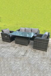 Fimous Rattan Outdoor Lifting Adjustable Dining Coffee Table Sets Lounge Sofa Recling Chairs in Dark Grey - thumbnail 3