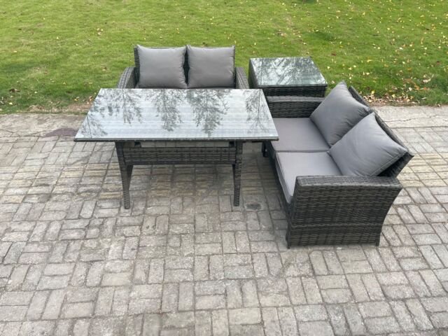 Fimous Dark Grey PE Wicker Rattan Garden Furniture Set Love Sofa Outdoor Rectangular Dining Table Side Table - image 1