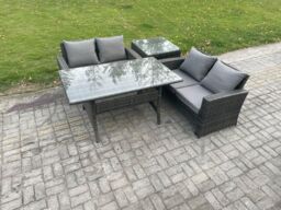 Fimous Dark Grey PE Wicker Rattan Garden Furniture Set Love Sofa Outdoor Rectangular Dining Table Side Table - thumbnail 2