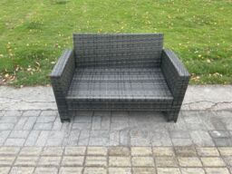 Fimous Dark Grey PE Wicker Rattan Garden Furniture Set Love Sofa Outdoor Rectangular Dining Table Side Table - thumbnail 5