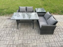 Fimous Dark Grey PE Wicker Rattan Garden Furniture Set Love Sofa Outdoor Rectangular Dining Table Side Table - thumbnail 1