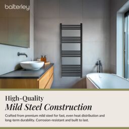 Balterley Straight Heated Towel Rail Radiator, 1080W, 600 x 1600mm, Matt Black - thumbnail 4