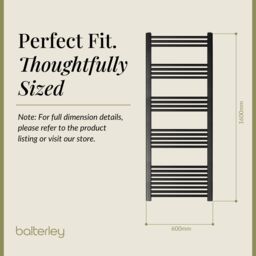 Balterley Straight Heated Towel Rail Radiator, 1080W, 600 x 1600mm, Matt Black - thumbnail 5