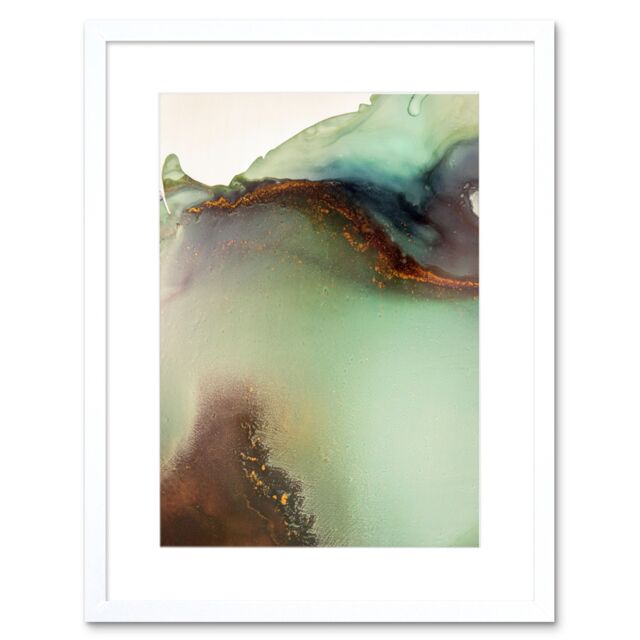 "Artery8 Wall Art Print Abstract Paint with Green Gold Art Framed 9x7 inch in White - Size: W7"" x H9""" - image 1