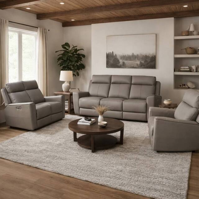 Aspire Rivington Real Leather Power Recliner 3+2+1 Sofa Set with USB Charging in Grey - image 1