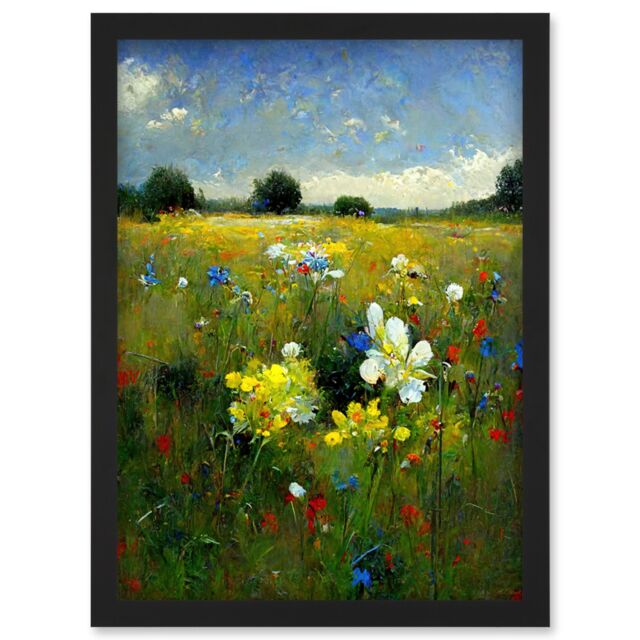 Artery8 Wildflower Summer Meadow Floral Landscape Oil Artwork Framed Wall Art Print A4 in Black - image 1