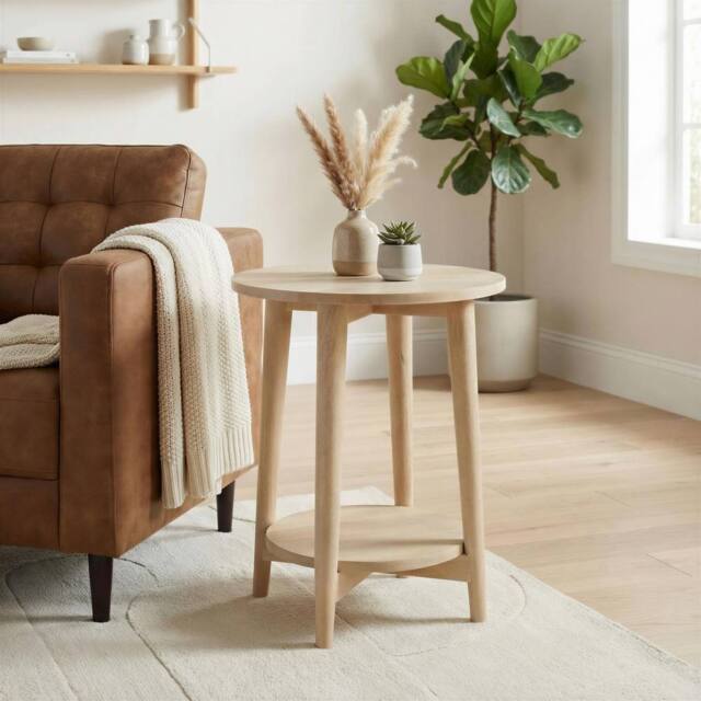 FurnitureboxUK Tacoma Round White Oak Wood Side Table in Light Brown - image 1