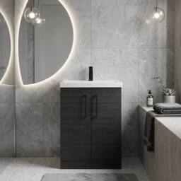 Balterley Bathroom Floor Standing 2-Door Vanity Unit Basin, Black, 600mm in Black - thumbnail 2