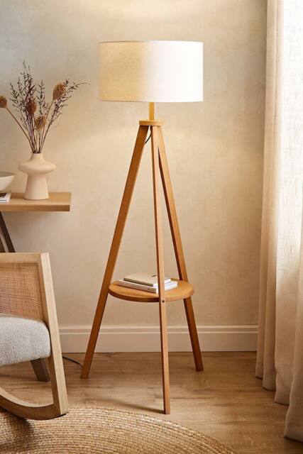 ValueLights Morrigan Rich Wood Tripod Floor Lamp with Drum Lamp Shade in Cream - image 1