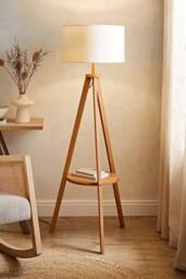 ValueLights Morrigan Rich Wood Tripod Floor Lamp with Drum Lamp Shade in Cream - thumbnail 1