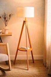 ValueLights Morrigan Rich Wood Tripod Floor Lamp with Drum Lamp Shade in Cream - thumbnail 2
