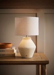 ValueLights Finn Cream Ceramic Rechargeable Table Lamp with Linen Drum Shade