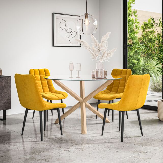 More4Homes Malvern Round Dining Table & Chairs - Clear Glass Table Top w Solid Oak Legs + Nova Velvet Dining Chair Set Of 4 in Mustard - image 1