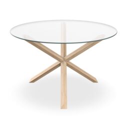 More4Homes Malvern Round Dining Table & Chairs - Clear Glass Table Top w Solid Oak Legs + Nova Velvet Dining Chair Set Of 4 in Mustard - thumbnail 3