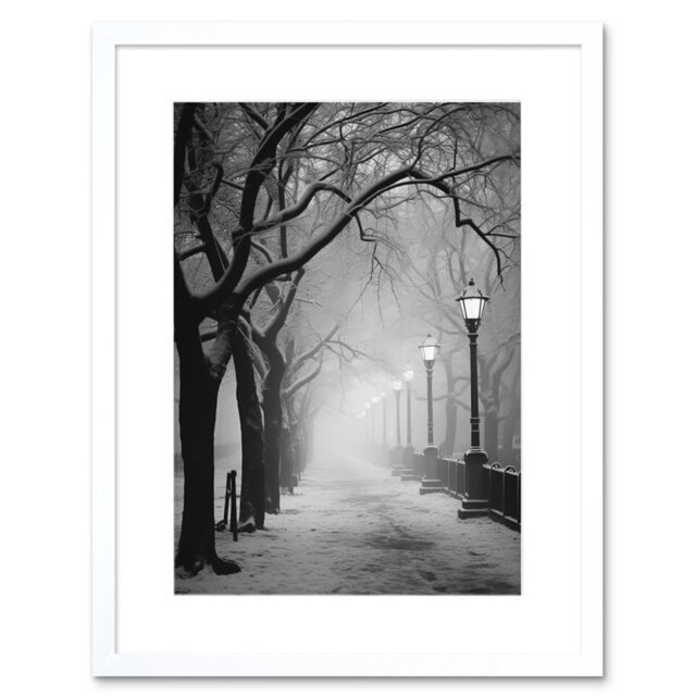 Artery8 Wall Art Print Snow Covered Street in the Misty Glow of Light Posts Atmospheric Black & White Photograph Winter Scene Artwork Framed 9X7 Inch - image 1