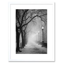 Artery8 Wall Art Print Snow Covered Street in the Misty Glow of Light Posts Atmospheric Black & White Photograph Winter Scene Artwork Framed 9X7 Inch - thumbnail 1
