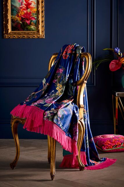 Laurence Llewelyn-Bowen 'Cotswold Fantasia' Soft Touch Floral Print Velvet Throw in Navy - Size: 130 cm x 180 cm - image 1