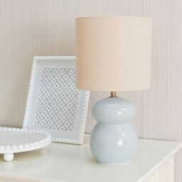 ValueLights Kendal Natural Linen Drum Shade Glazed Ceramic Table Lamp in Pale Blue - thumbnail 3