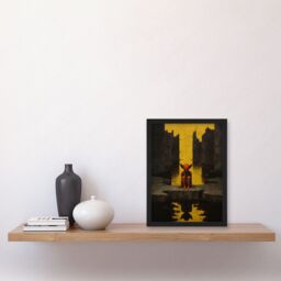 Artery8 Wall Art Print Nosferatu Lair Conceptual Art Oil Painting Yellow Sky Castle Ruins Red Demon Water Reflection Artwork Framed A4 in Black - thumbnail 2