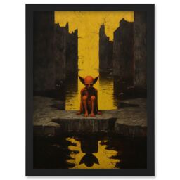 Artery8 Wall Art Print Nosferatu Lair Conceptual Art Oil Painting Yellow Sky Castle Ruins Red Demon Water Reflection Artwork Framed A4 in Black - thumbnail 1