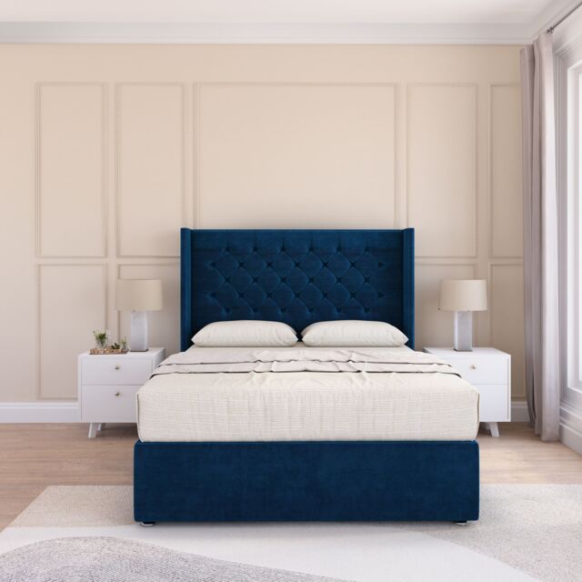 "Sloomy Dior Wing Bed Set No Drawers With Ortho Sprung Mattress & 54"" Floor standing Headboard Plush Velvet in Navy - Size: Small Single" - image 1