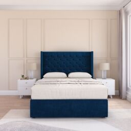 "Sloomy Dior Wing Bed Set No Drawers With Ortho Sprung Mattress & 54"" Floor standing Headboard Plush Velvet in Navy - Size: Small Single" - thumbnail 1