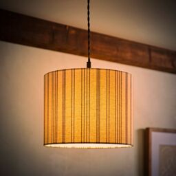 ValueLights Hallie Natural Linen Stripe Detail Drum Ceiling Pendant Lamp Shade with LED Bulb - Size: Small