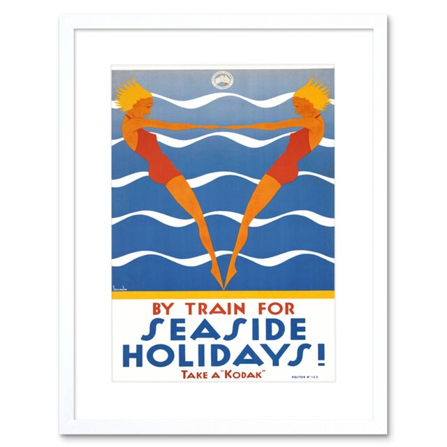 "Artery8 Wall Art Print Seaside Holidays Swim Australia Train Artwork Framed 9X7 Inch in White - Size: W7"" x H9""" - image 1