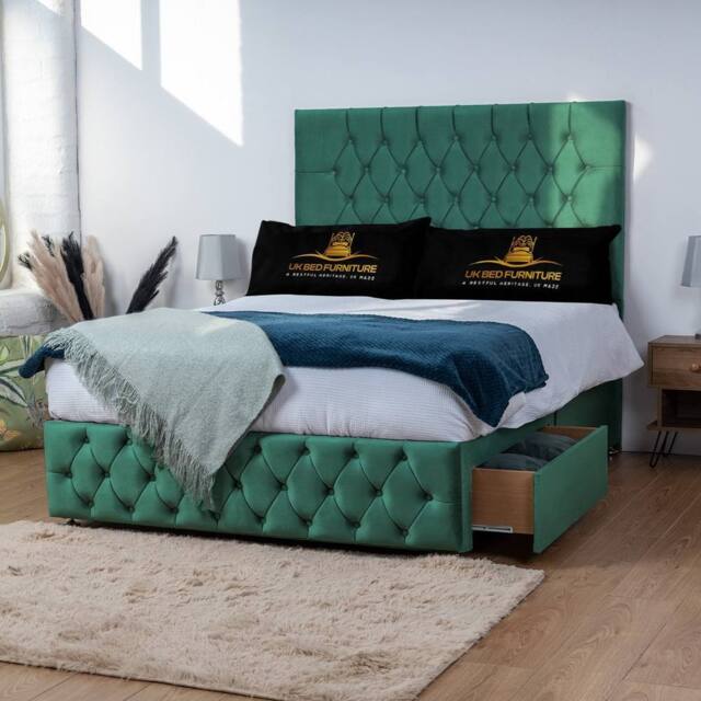 UK Bed Furniture Monaco Divan Bed with 2 Drawers Foot End & 26 Inch headboard in Green - Size: King - image 1