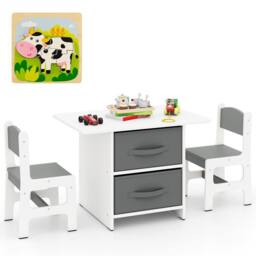 Gymax Kids Table & 2 Chairs Set Activity Table With Fabric Storage Bins in White
