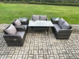Fimous Rattan Outdoor Furniture Garden Dining Set Rectangular Table & Chair Sofa Set With 2 PC Side Tables Dark Grey Mixed - thumbnail 1