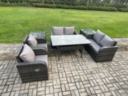 Fimous Rattan Outdoor Furniture Garden Dining Set Rectangular Table & Chair Sofa Set With 2 PC Side Tables Dark Grey Mixed - thumbnail 2