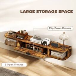 HOMCOM 120 cm Floating TV Unit with Flip Drawer & Shelves, Rustic Brown - thumbnail 5