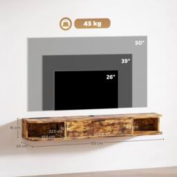 HOMCOM 120 cm Floating TV Unit with Flip Drawer & Shelves, Rustic Brown - thumbnail 3
