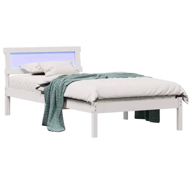 Berkfield Home White Bed Frame with LED Headboard in White, 90 x 200 cm, Solid Pine - Size: 90 x 200 cm - image 1