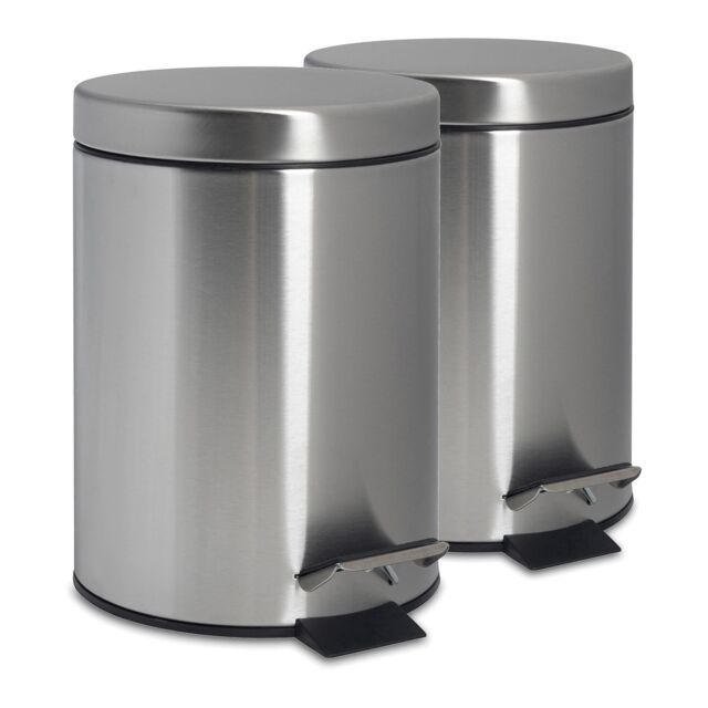 Harbour Housewares 2x Round Bathroom Pedal Bins - 3L Stainless Steel Slim Rubbish Dustbin in Metallic Silver - image 1