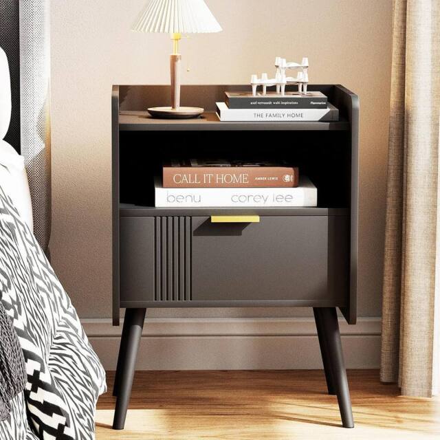Huhote Stylish Bedside Table With Drawers 2 Tier Bedside Cabinet in Black - image 1