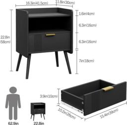 Huhote Stylish Bedside Table With Drawers 2 Tier Bedside Cabinet in Black - thumbnail 2