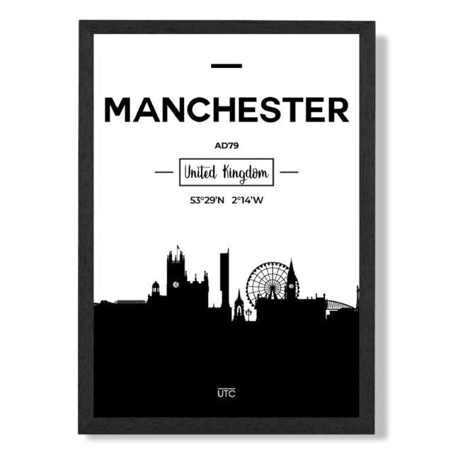 ARTZE Manchester Black & White City Skyline Framed Print SIZE: A3 with Black Frame - Size: A4 - image 1