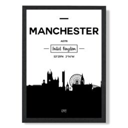 ARTZE Manchester Black & White City Skyline Framed Print SIZE: A3 with Black Frame - Size: A4 - thumbnail 1