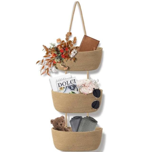 KORVIXA 2PCS 3 Tier Cotton Rope Woven Hanging Basket in Natural - Size: 900mm - image 1