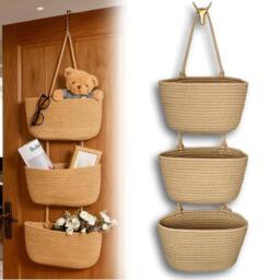 KORVIXA 2PCS 3 Tier Cotton Rope Woven Hanging Basket in Natural - Size: 900mm - thumbnail 3