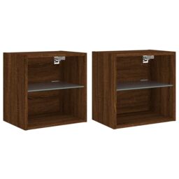 Berkfield Home Bedside Cabinets with LED Lights Wall-mounted 2 pcs Brown Oak - thumbnail 2