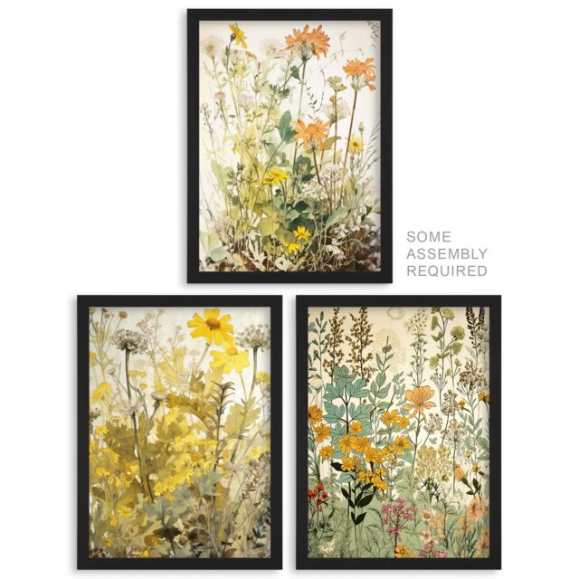 Artery8 A4 Wall Art & Frame Set of 3 Wildflowers Florals Yellow Pink Teal in Beige - image 1