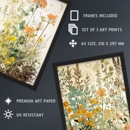 Artery8 A4 Wall Art & Frame Set of 3 Wildflowers Florals Yellow Pink Teal in Beige - thumbnail 3